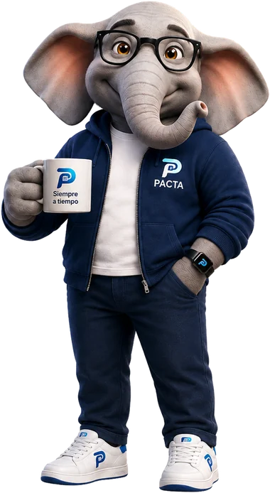 Fanti, la mascota de Pacta, con una taza que dice Siempre a tiempo